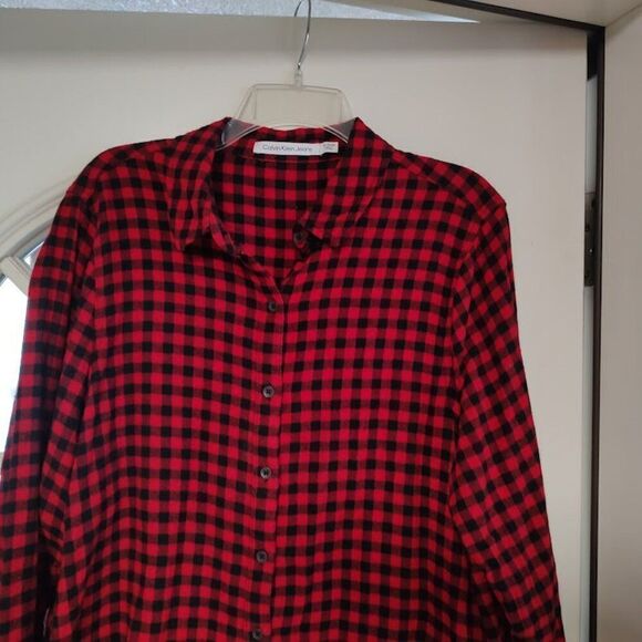 Calvin Klein Red Black Checked Long Sleeve Button Down Flannel Size Women's XL - Picture 2 of 2